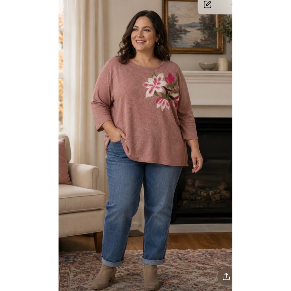 Aaeda Womens 1X Dusty Rose Floral Needle Felted 3/4 Sleeve Knit Top Oversized